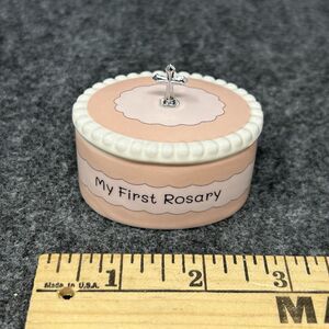 My First Rosary Porcelain Trinket Box Oval Cross Pink White Catholic Keepsake